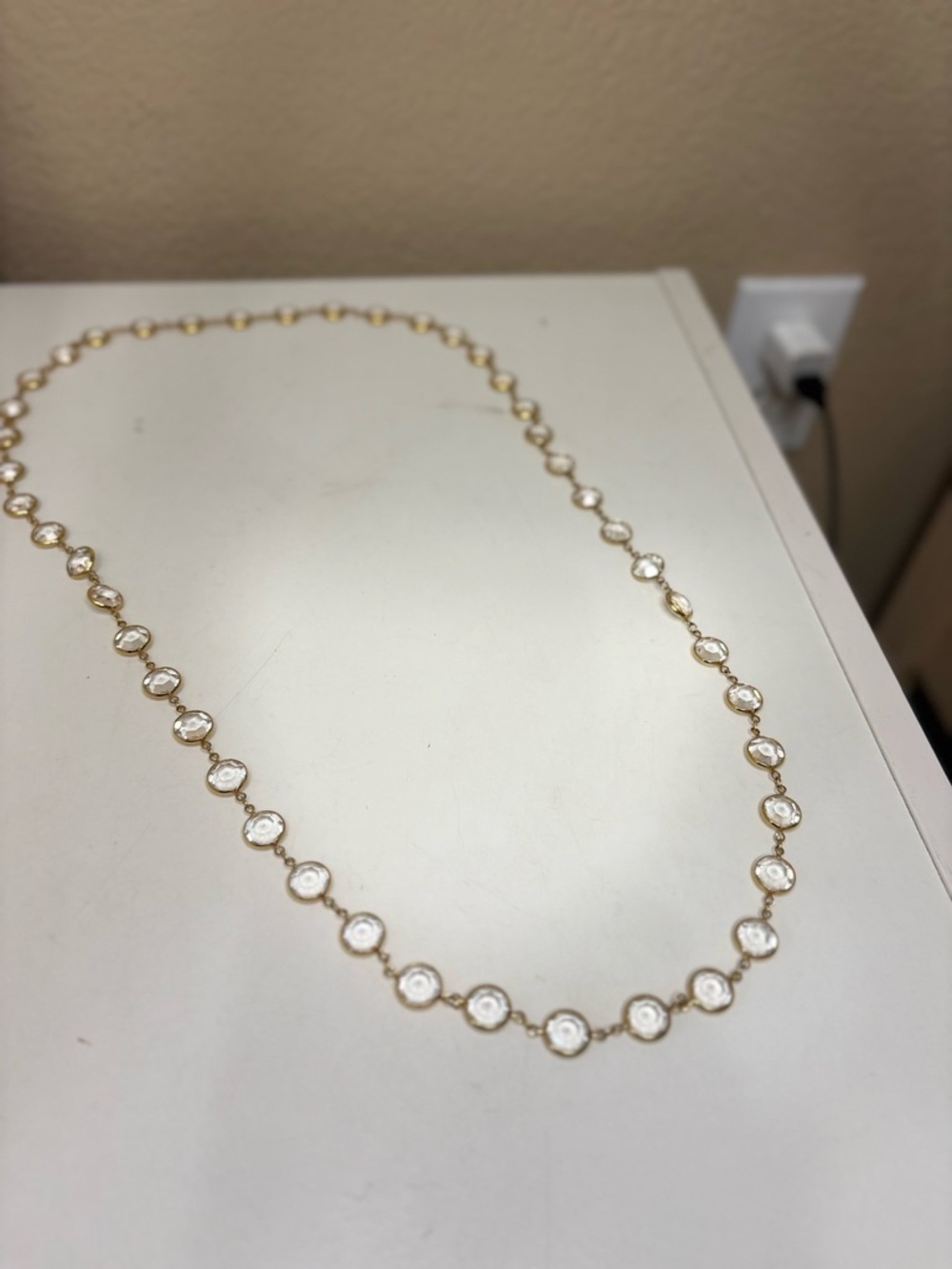 Gold Plated Bezel Crystal Station Necklace Long Layering Statement Chain